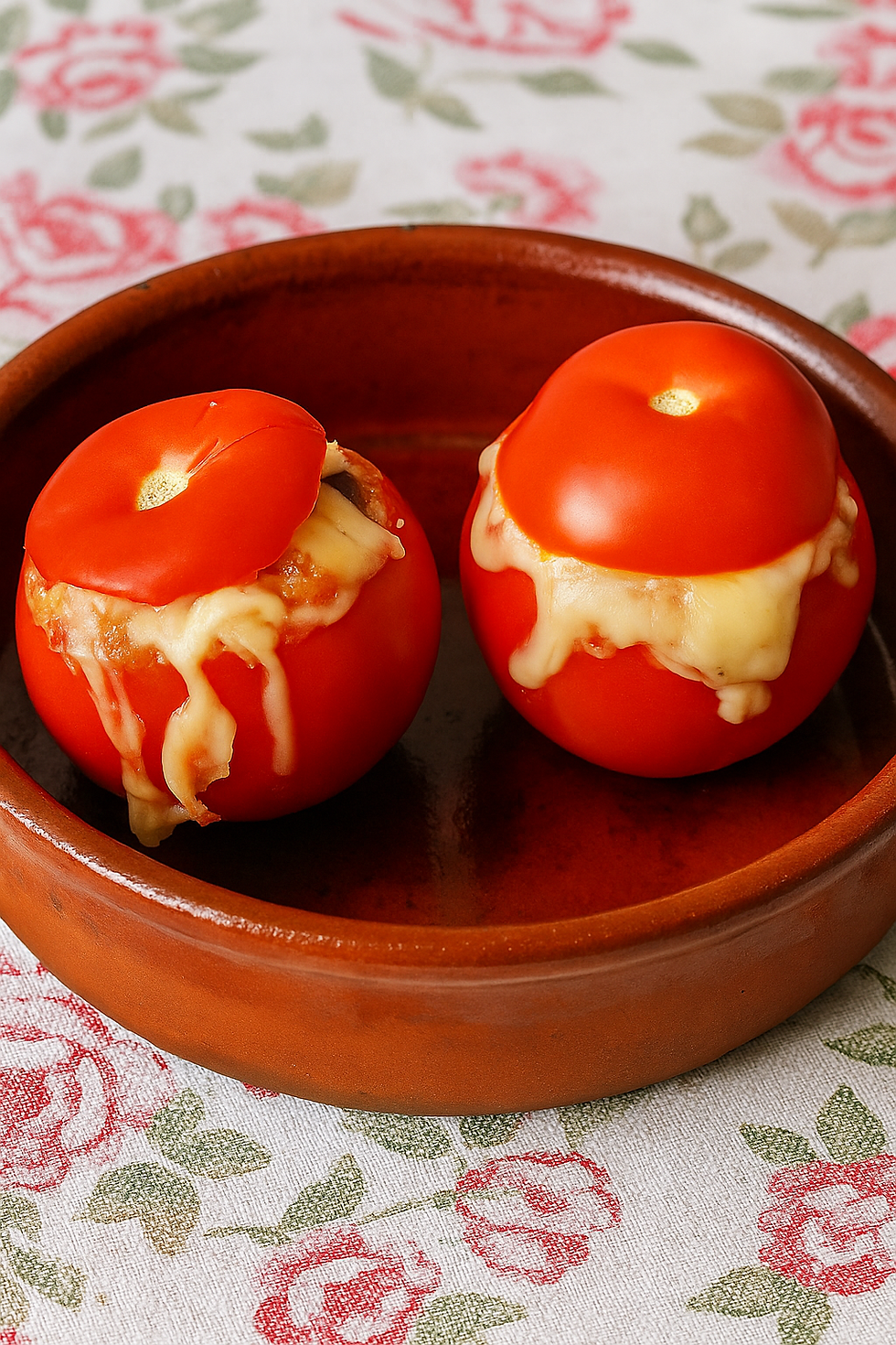 Tomates maduros recheados com mistura de atum, ovo e maionese, decorados com salsa fresca
