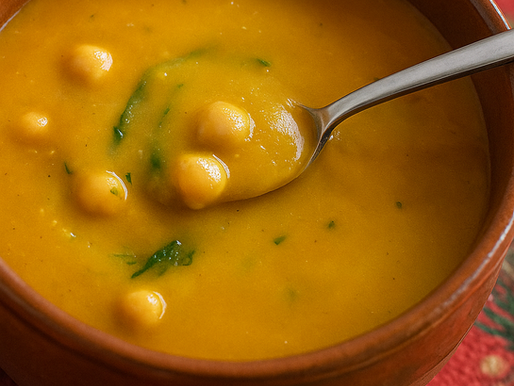 Sopa de grão com espinafres cremosa servida numa tigela
