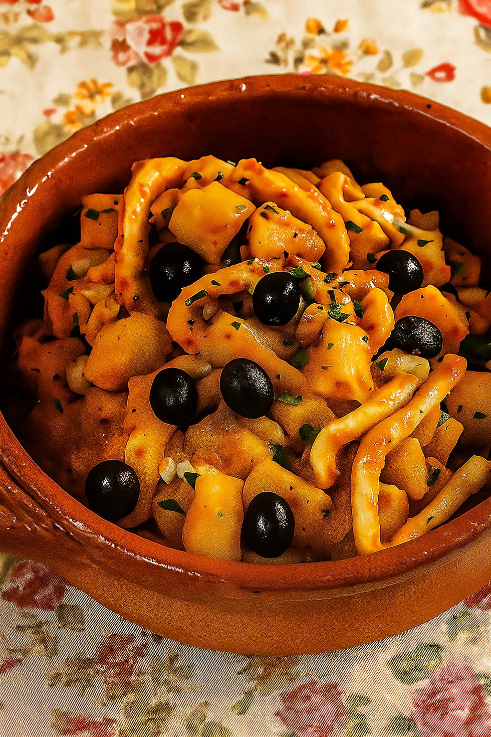 Prato de lulas à portuguesa com batatas fritas e molho vermelho aromático