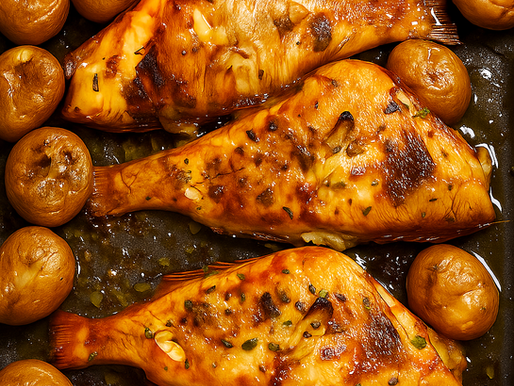 Peixe vermelho assado no forno com batatas, cebola, alho e pimento