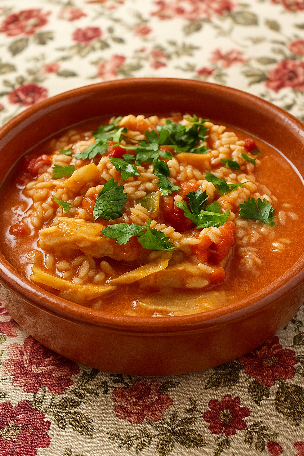 Travessa de arroz de bacalhau com arroz cremoso, pedaços de bacalhau, pimentos e coentros