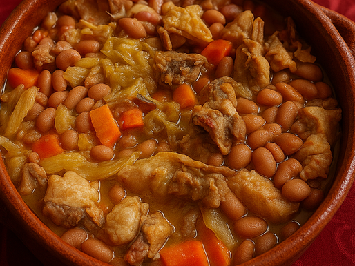 Prato fundo com feijoada de frango, feijão branco e legumes