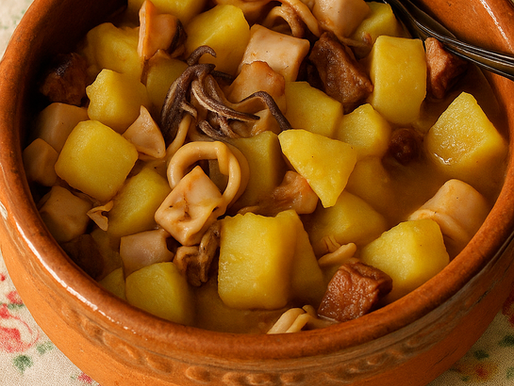 Tacho de lulas guisadas com batatas em molho de tomate e coentros