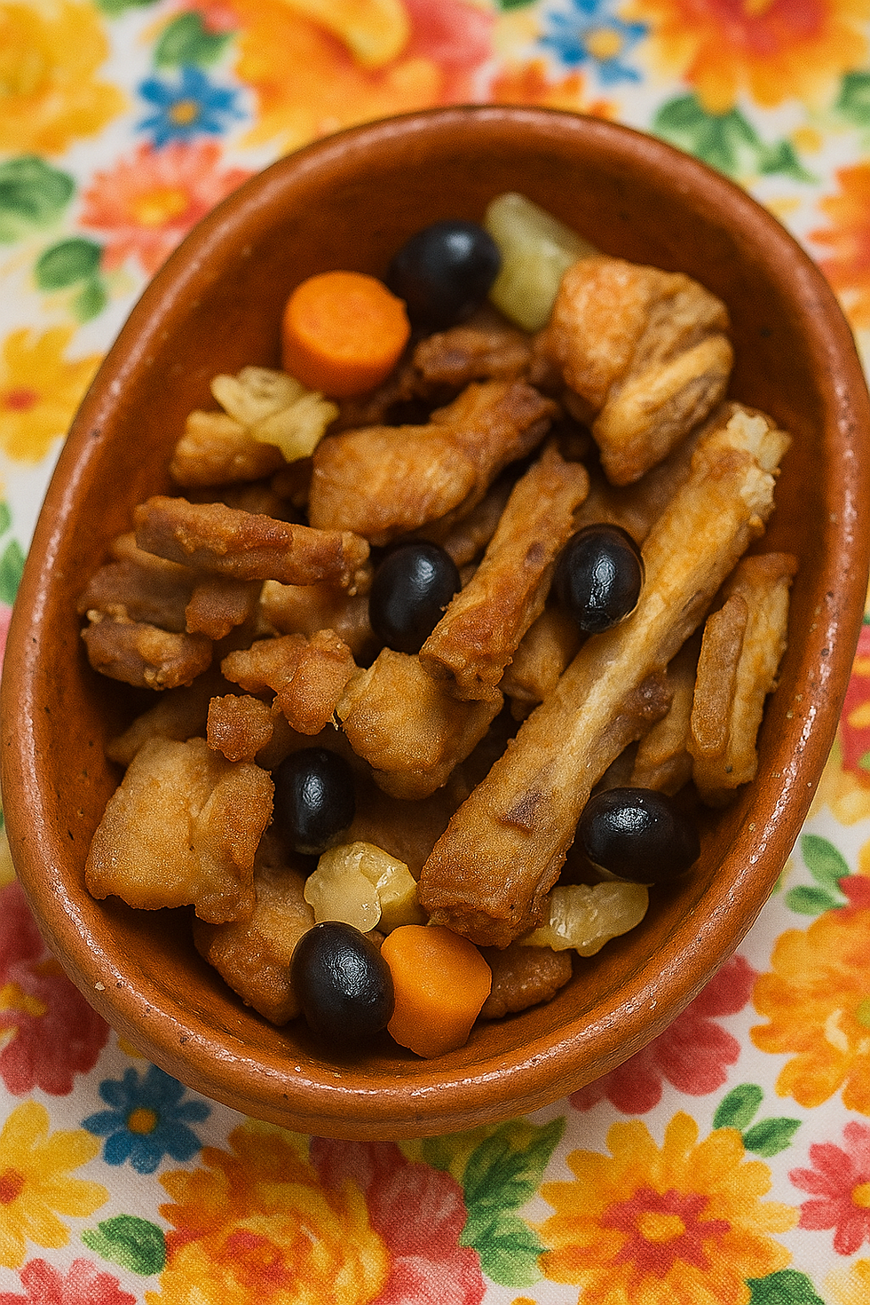 Prato de entrecosto frito dourado, acompanhado de azeitonas e pickles coloridos