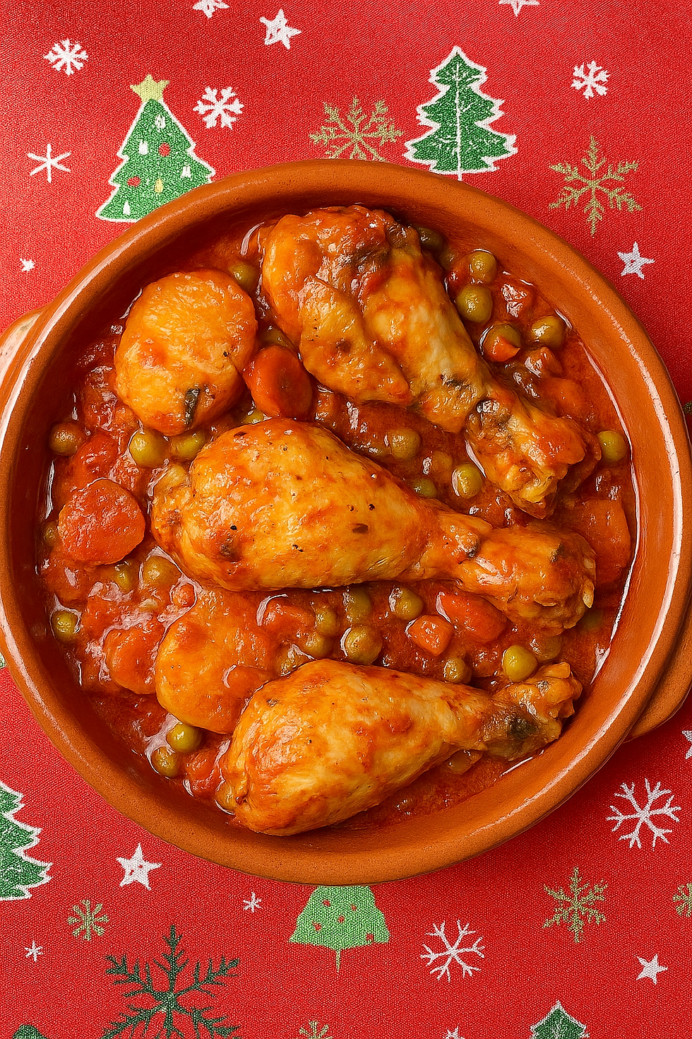 Tacho de frango primavera com cenouras, ervilhas e molho de tomate