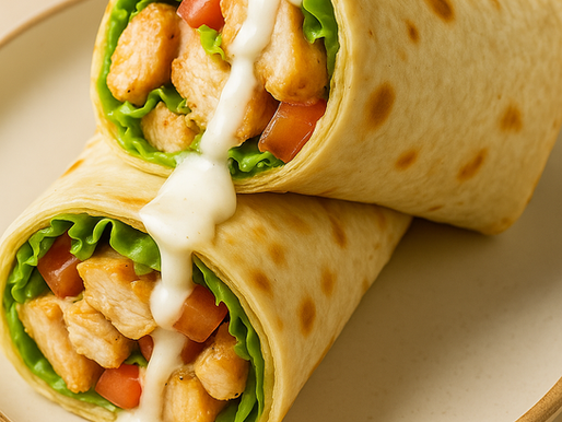 Wrap aberto com tiras de frango grelhado, alface, cenoura ralada e molho