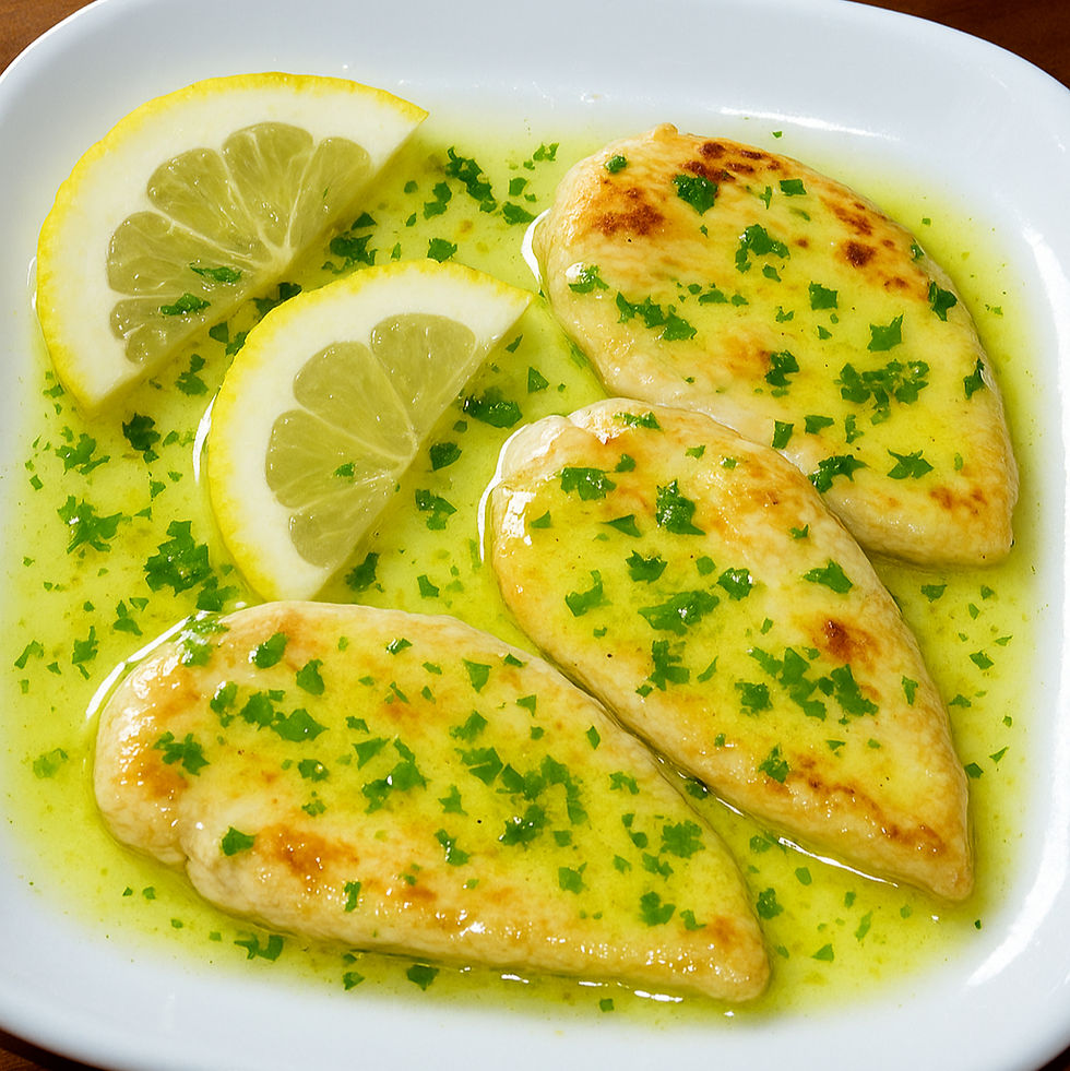 Bife de frango dourado coberto com molho de manteiga e coentros frescos num prato