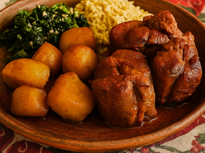 Cabrito assado no forno com batatas douradas e molho tradicional