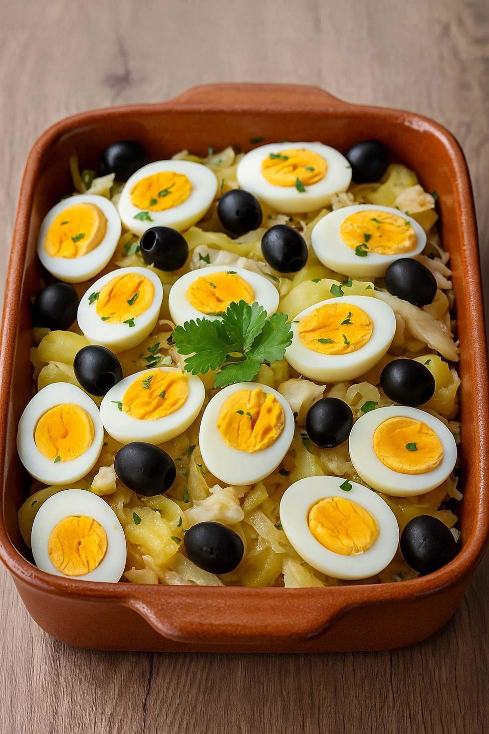 Travessa com Bacalhau à Gomes de Sá, decorado com ovos cozidos, azeitonas pretas e salsa fresca