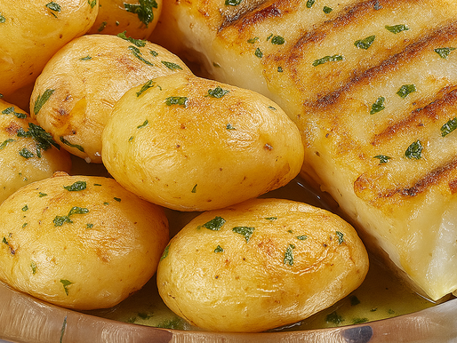 Bacalhau assado na brasa servido com batatas a murro e regado com azeite e alho.