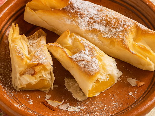 Pastéis de Vouzela dourados e polvilhados com açúcar em pó sobre travessa portuguesa