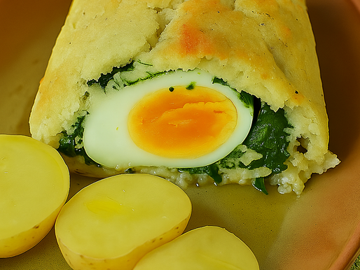 Rolo de bacalhau recheado e cortado, mostrando o interior cremoso com bacalhau e coentros