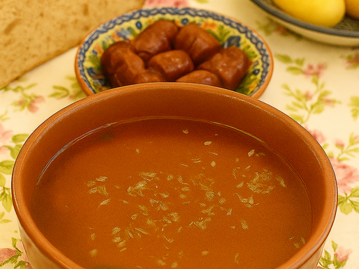 Sopa de tomate alentejana com enchidos grelhados e batata cozida servida em prato rústico