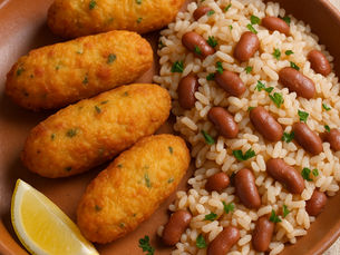 Pastéis de bacalhau dourados servidos com arroz de feijão vermelho cremoso