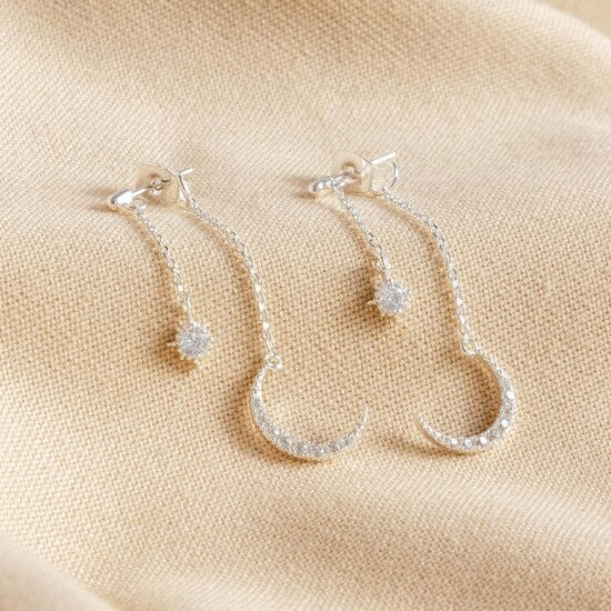 Star & moon double drop earrings silver 