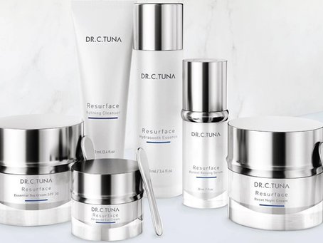 Farmasi Dr. C. Tuna Resurface skincare products arranged on a clean white surface as part of a simple daily skincare routine.
