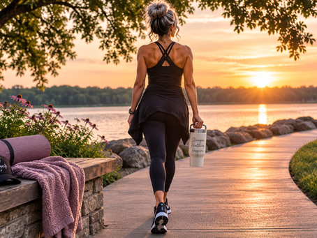 A woman enjoying a peaceful walk along a lakeside path at sunrise, carrying a water bottle and embracing the joy of daily movement as part of a healthy lifestyle.