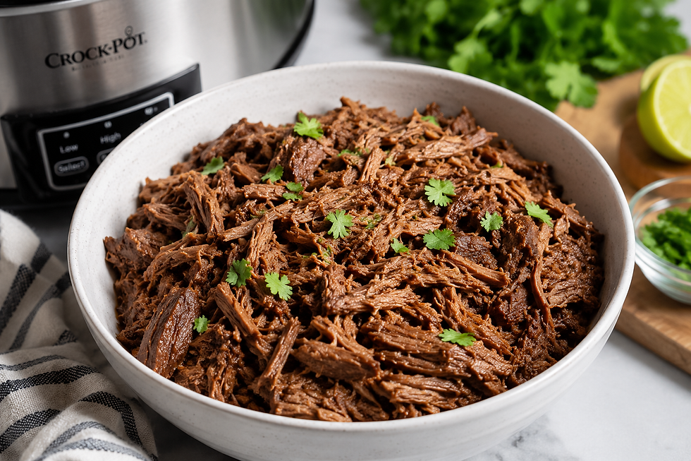 Tender slow cooker shredded beef in a white bowl with fresh cilantro, perfect for tacos, burrito bowls, sandwiches, and meal prep.