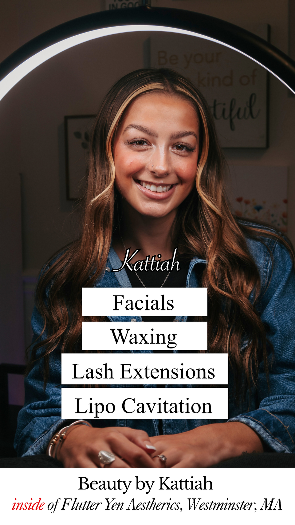 Kattiah of Beauty by Kattiah, offering facials, waxing, lash extensions and lipo cavitation at Flutter Yen Aesthetics in Westminster, MA