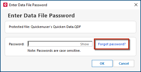 How to add data file passwords in quicken for windows?