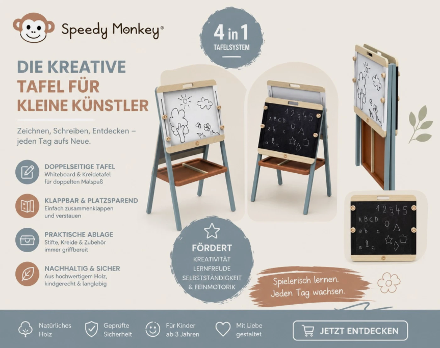 Speedy Monkey 4in1 Kinderstaffelei | Whiteboard & Kreidetafel | Klappbar | Holz