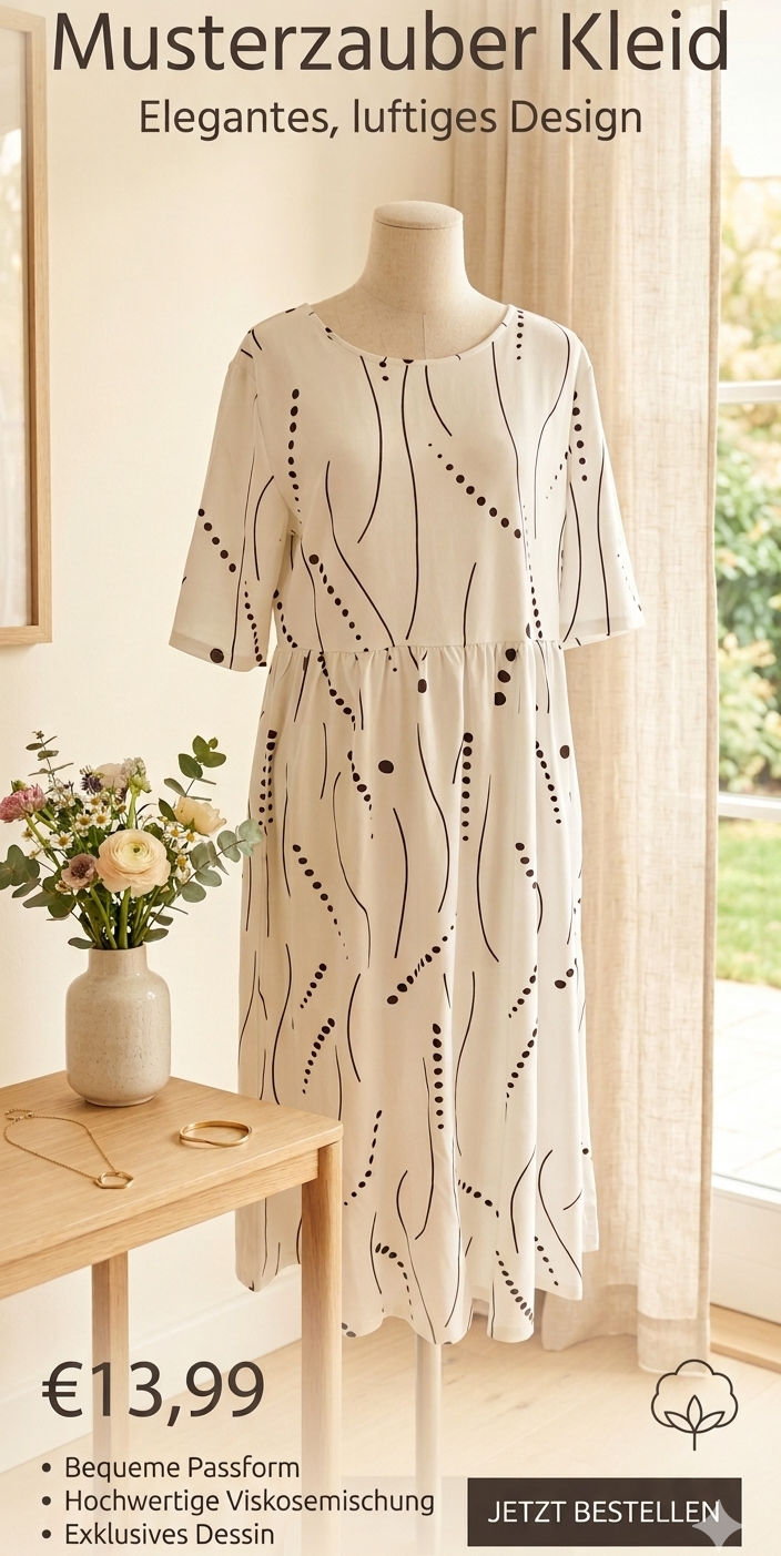 Damen Kleid mit fröhlichen Muster – Creme/Schwarz | Größe L