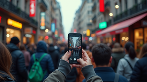 Person filming a busy city street on mobile device