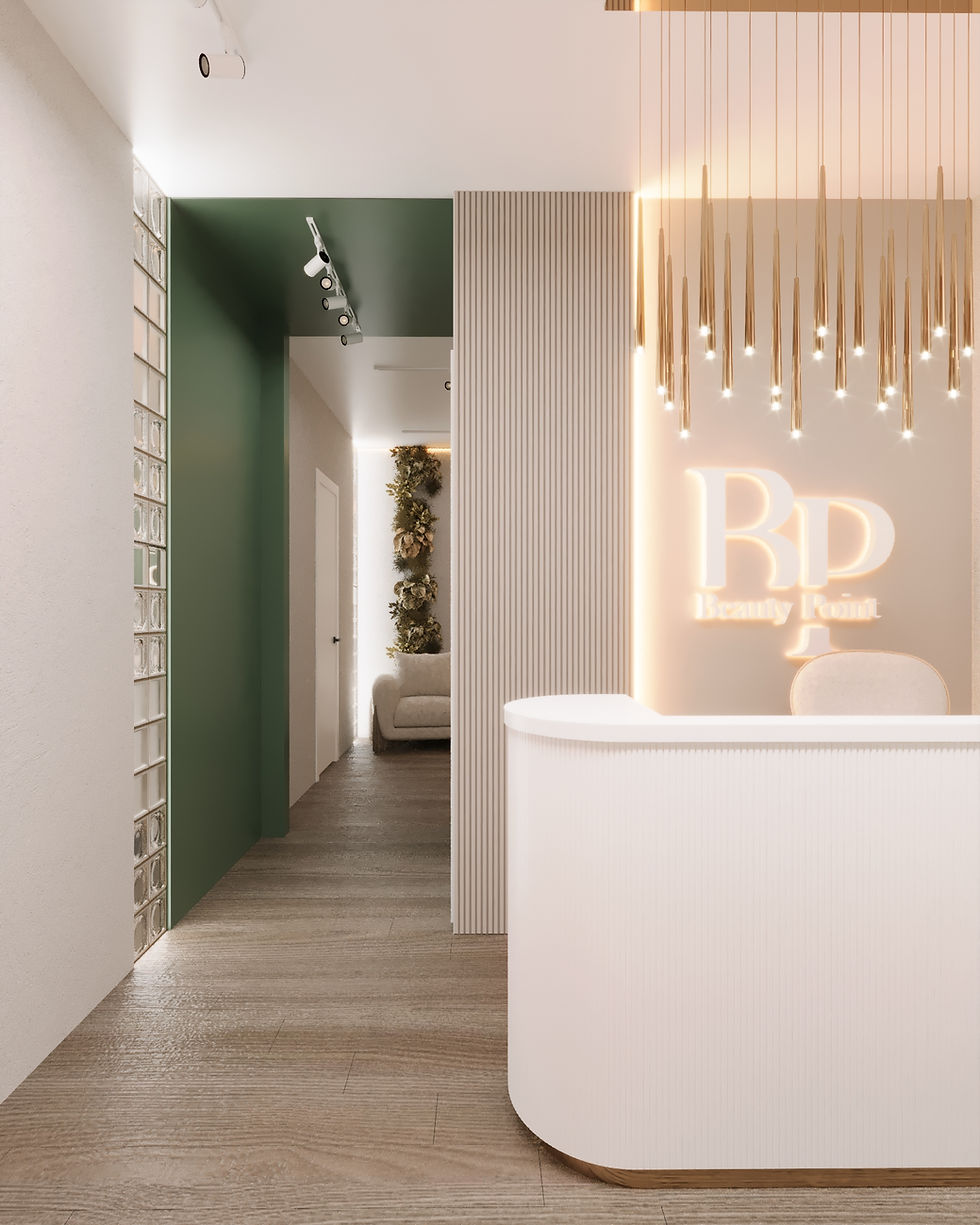 Interior of Beauty Point salon, featuring a modern reception area with a curved white desk, illuminated Beauty Point logo on