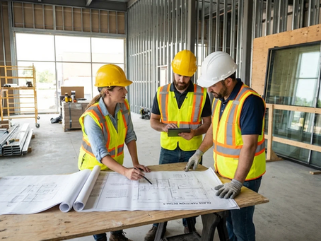 Design-build team reviewing glass installation plans on a commercial construction project in Southwest Ontario.