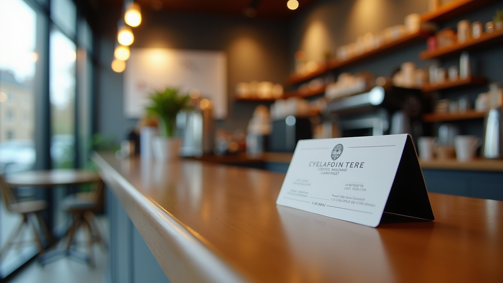 Eye-level view of a coffee shop counter with a loyalty card displayed