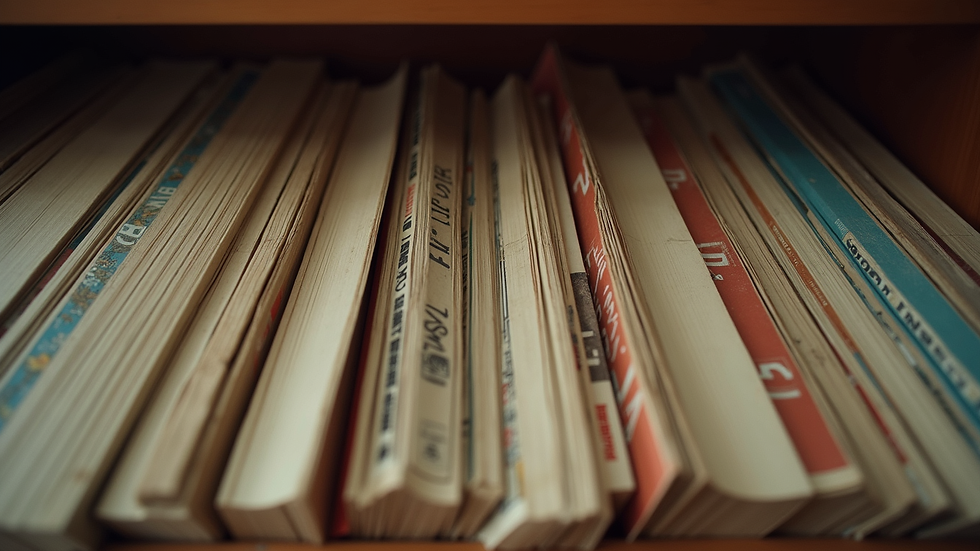 High angle view of neatly organized vintage magazines on a shelf