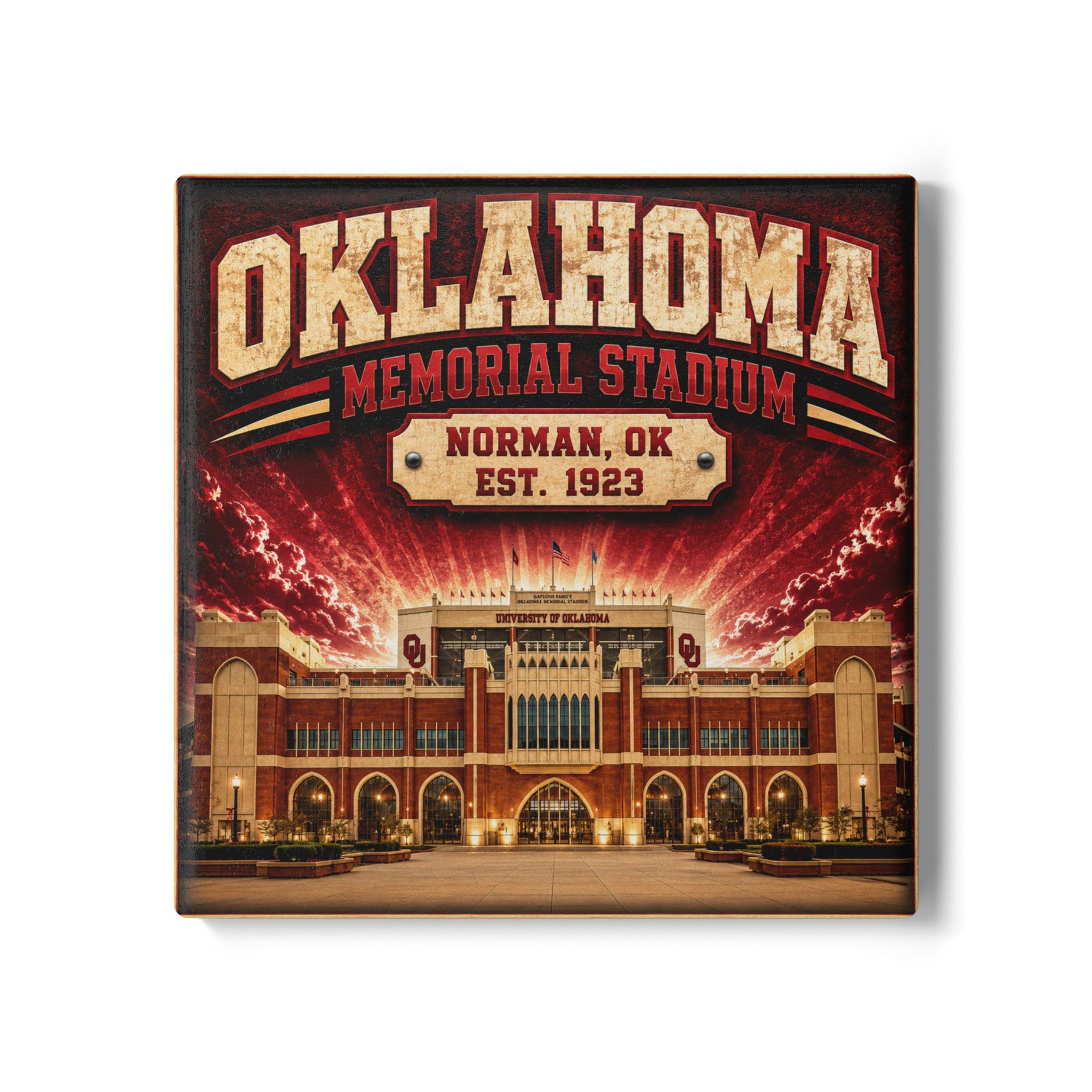 Oklahoma Memorial Stadium Ceramic Coaster | Norman OK retro stadium art