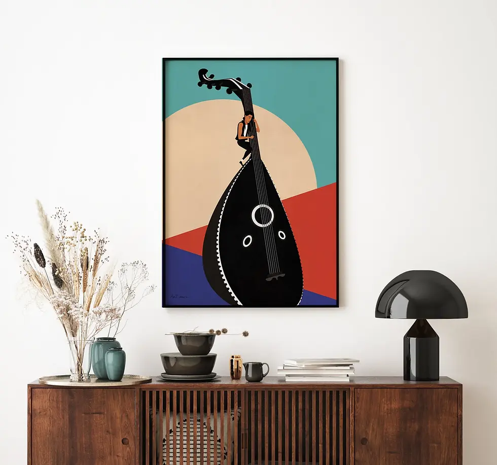 Thumbnail: Augmented reality oud art print by Amit Maoz – scan with Artivive to see an oud player perform a traditional melody.