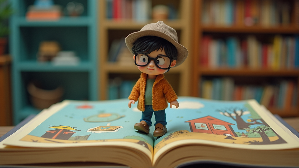 Eye-level view of a colorful children's book illustration with a detective theme