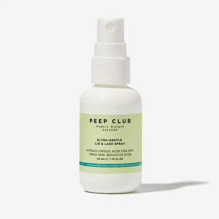 Peep Club Ultra Gentle Lid & Lash Spray bottle close-up for dry, sensitive eyes and lid hygiene