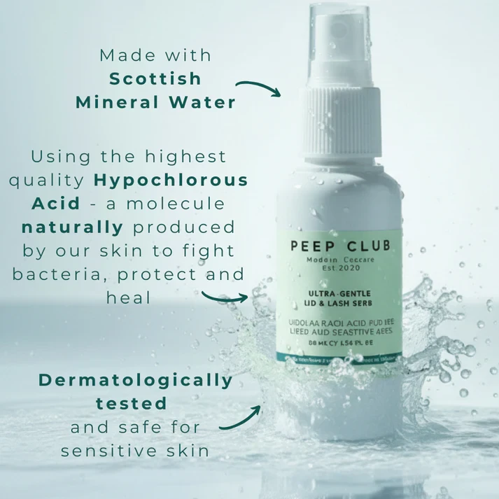 Thumbnail: Peep Club Ultra Gentle Lid & Lash Spray with water splash, highlighting hypochlorous acid and sensitive skin benefits
