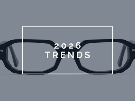 Minimal editorial graphic featuring angular black acetate eyewear against a muted grey background with bold white typography reading “2026 Trends”. Designed for CBTR Opticians’ blog post and social content exploring 2026 eyewear fashion trends, quiet luxury and modern frame design.