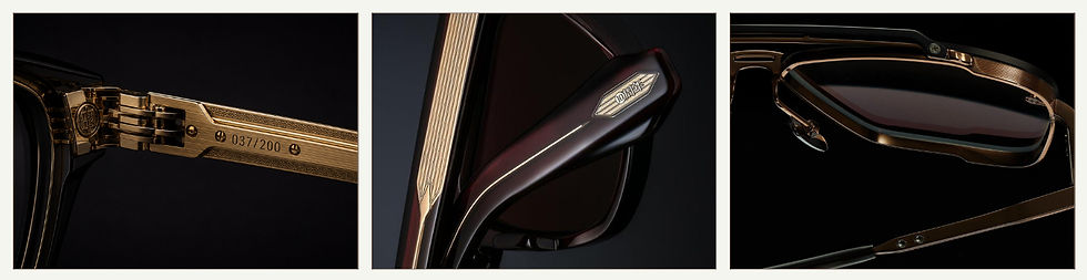 Close-up details of handcrafted luxury eyewear, including a numbered edition engraving, precision-machined temple and hand-finished frame, showcasing the craftsmanship behind collectible independent eyewear.