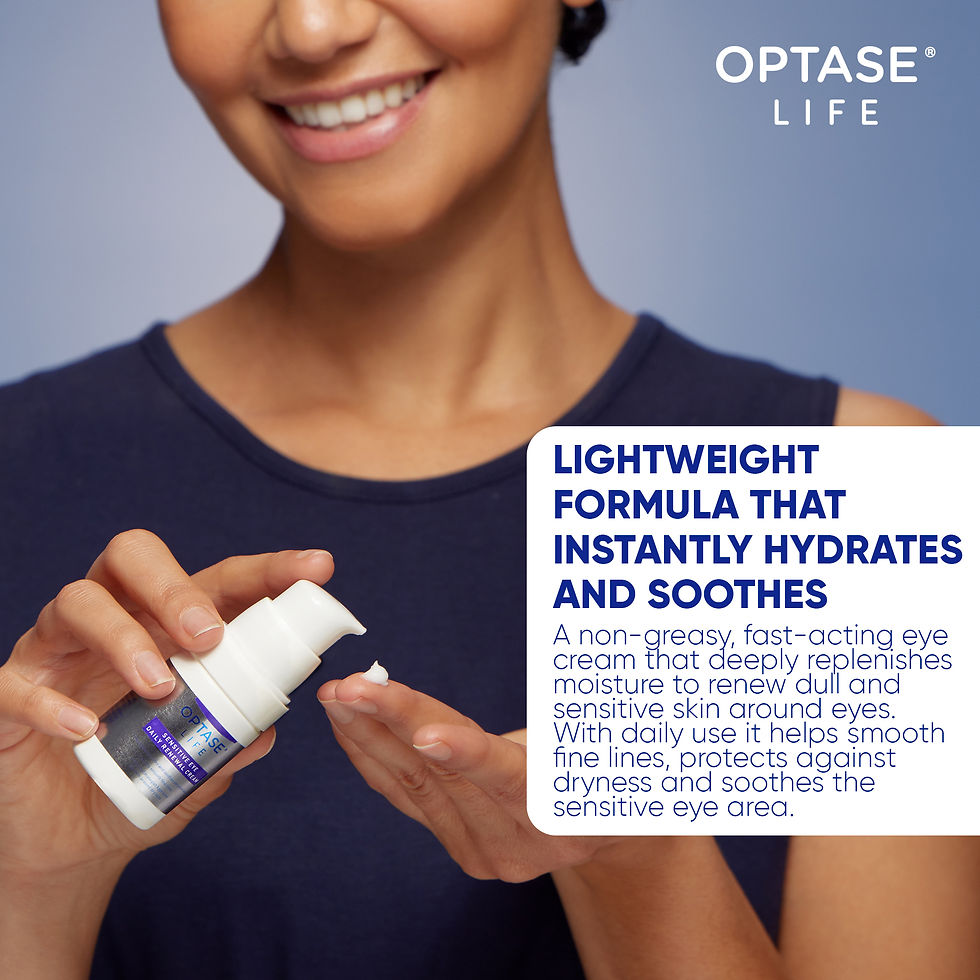 Applying OPTASE Life sensitive eye daily renewal cream showing lightweight hydrating formula