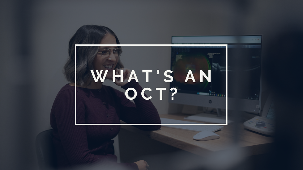 Optometrist reviewing OCT eye scan at an optician, with retinal imaging displayed on screen