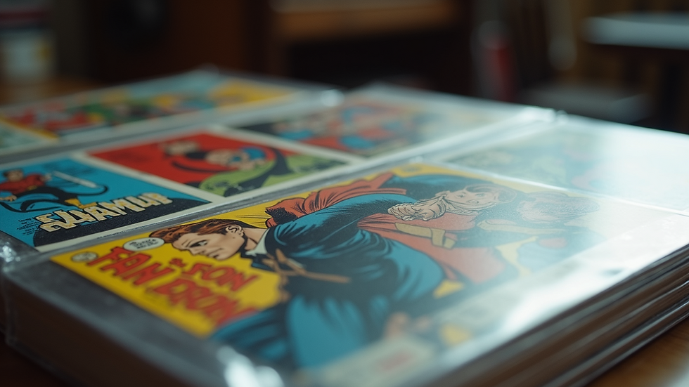 Close-up view of a comic book collection in protective sleeves