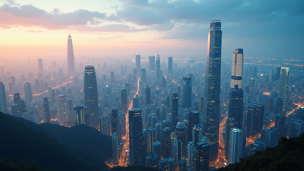 Wide angle view of a futuristic city skyline with advanced technology