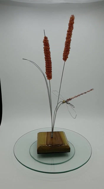 Thumbnail: Handmade Stainless Steel Bullrush and Dragonfly Ornament sculpture