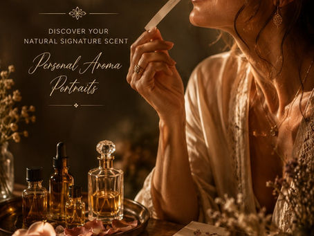 A woman in soft golden light smells a fragrance blotter beside natural perfume bottles, rose petals, and botanical materials, creating an intimate and elegant scene of personal scent discovery.