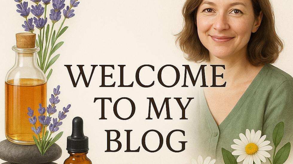 Welcome to my aromatherapy and scent healing blog — featuring essential oils, herbs, a candle, and a smiling woman with flowers.