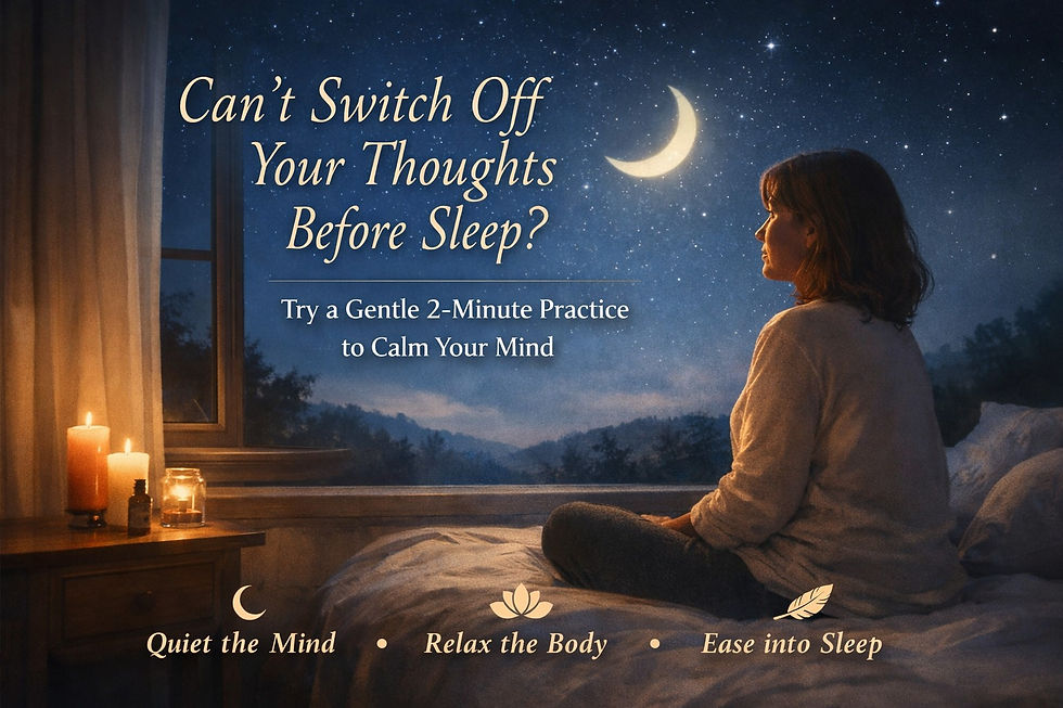 A calm nighttime scene of a woman sitting on her bed by candlelight, looking at the moon through a window, representing relaxation and calming racing thoughts before sleep