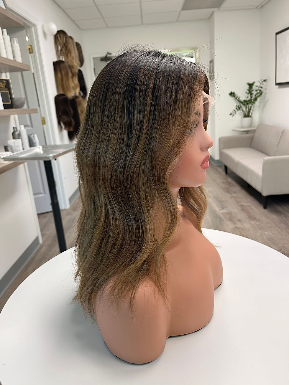 Thumbnail: Brunette human hair wig side view