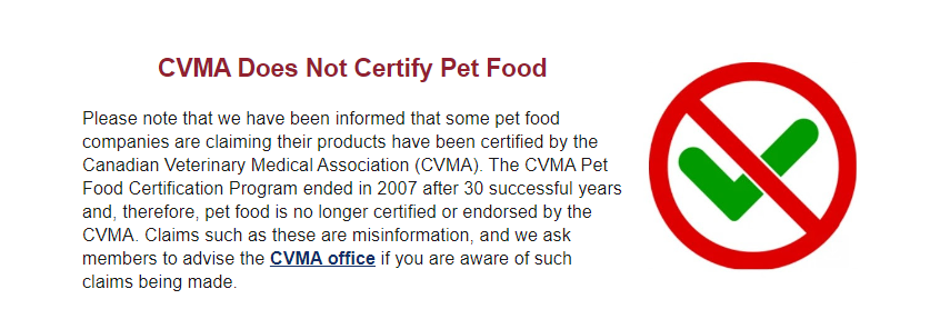 CVMA does not certify pet food