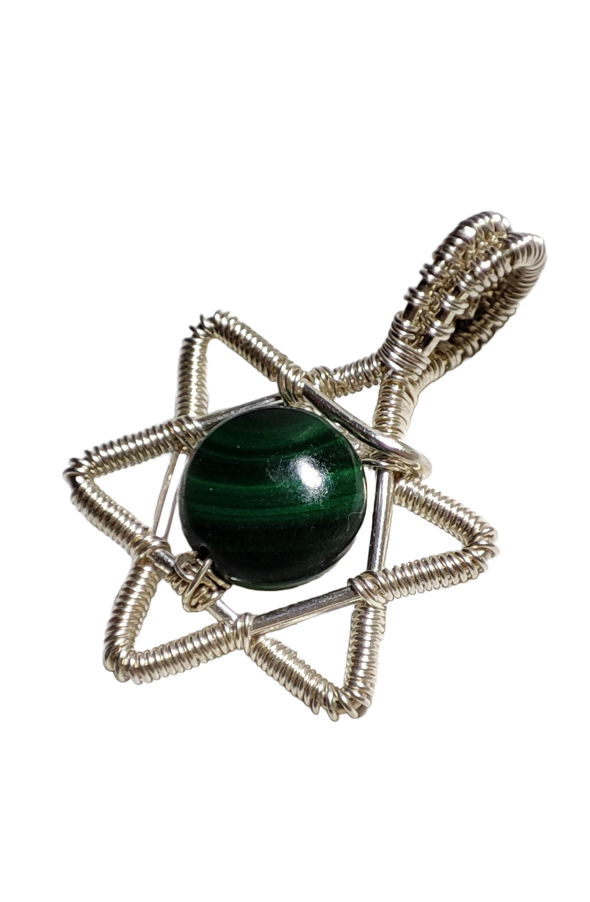 B187b. Pandantiv stea cu Malahit verde, fir metalic Argint, 2,5 cm