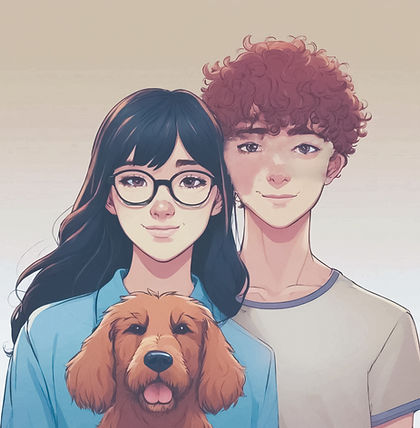 teenage boy and girl with dog. boy has red curly hair and no glasses. girl has long strai